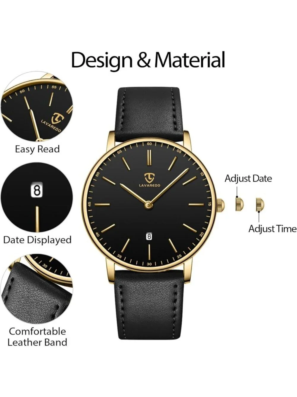 Mens Black Gold Leather Strap Analog Minimalist Fashion Simple Round Wrist Watch